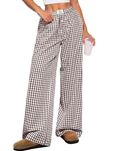 ANRABESS Women's Gingham Pants - Casual Lounge Pajama Bottoms for Home Sleep Resort Wear Brown White Plaid X-Large | Amazon (US)