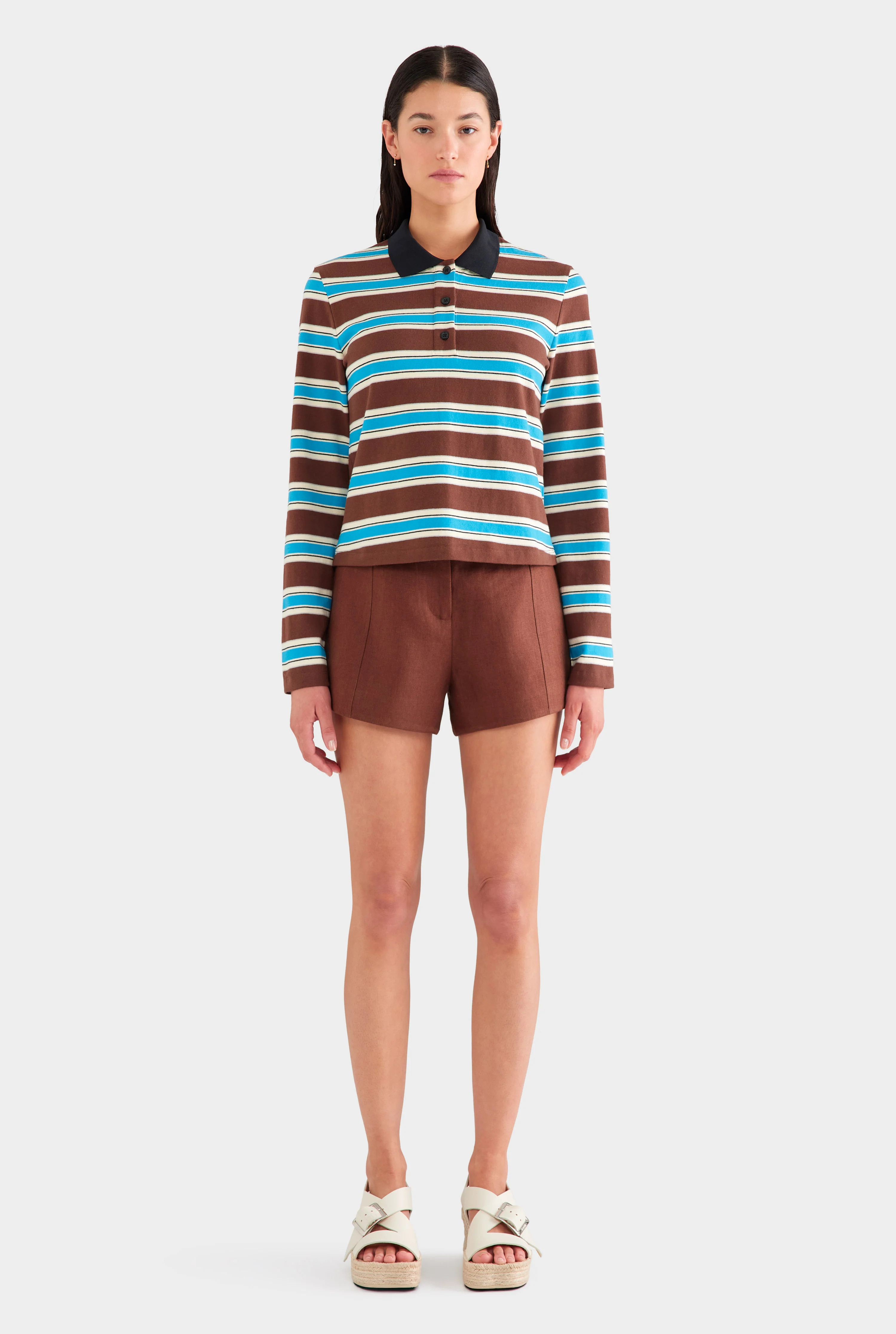 Womens Striped LS Jersey Polo in Chocolate/Blue Stripe | Venroy | Venroy AU