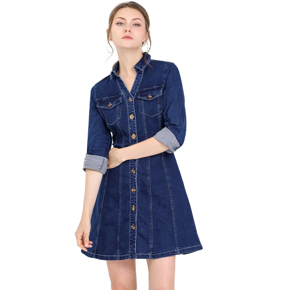 Allegra K Women's Button Down Collar V Neck Long Sleeve A-line Denim Dress | Target
