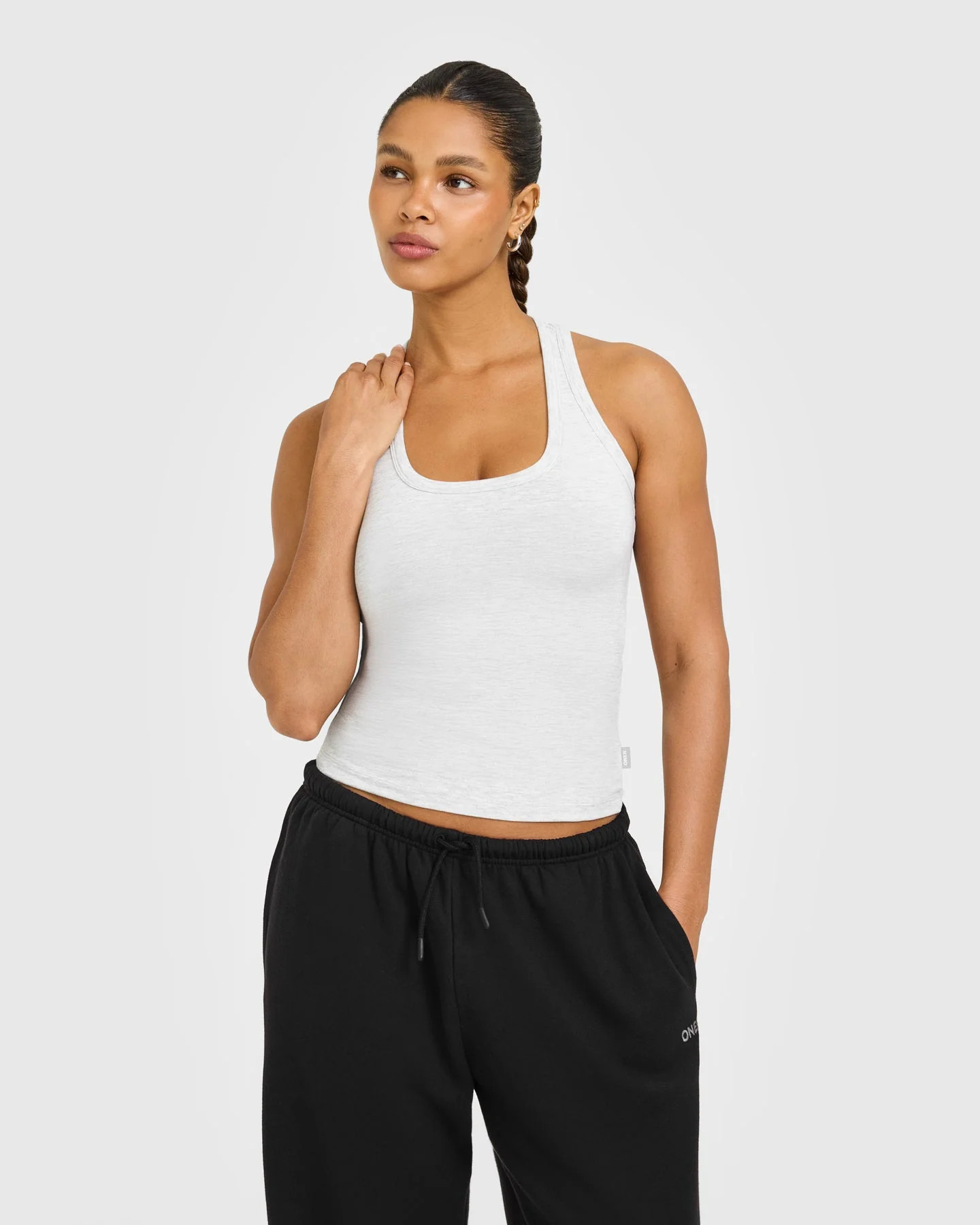 Cotton Fitted Tank Top with Grey Logo 
 Light Grey Marl | Oner Active (UK / US)