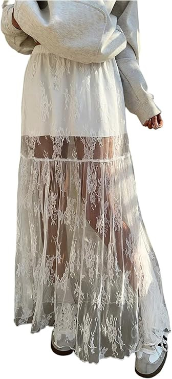 GORGLITTER Women's Lace Maxi Skirt High Waisted Sheer Mesh Ruffle Hem Flowy A Line Long Pencil Sk... | Amazon (US)