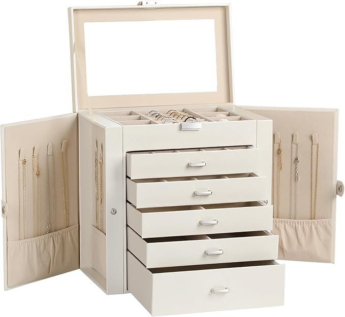 Frebeauty Large Jewelry Box,6-Tier PU Leather Jewelry Organizer,Multi-functional Storage Case with Mirror,Accessories Holder with 5 Drawers for Necklace Bracelets Watches(Pearl White) | Amazon (US)