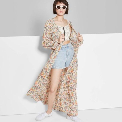 Women's Floral Print Long Sleeve Tiered Duster Kimono Jacket - Wild Fable™ Beige | Target