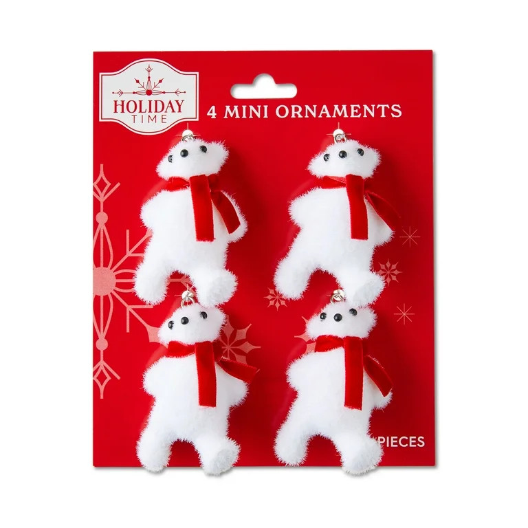 White Flocked Polar Bears with Red Velvet Scarves Mini Christmas Ornaments, 4 Count, by Holiday T... | Walmart (US)