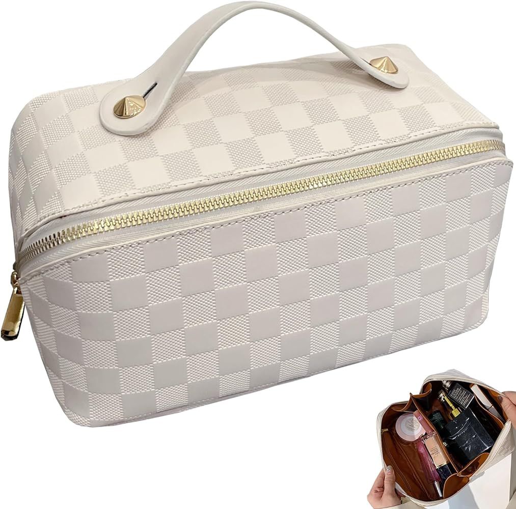 lomkya Checkered Makeup Bag Large Cosmetic Bag PU Leather Makeup Bag Storage For Women Girls Trav... | Amazon (US)