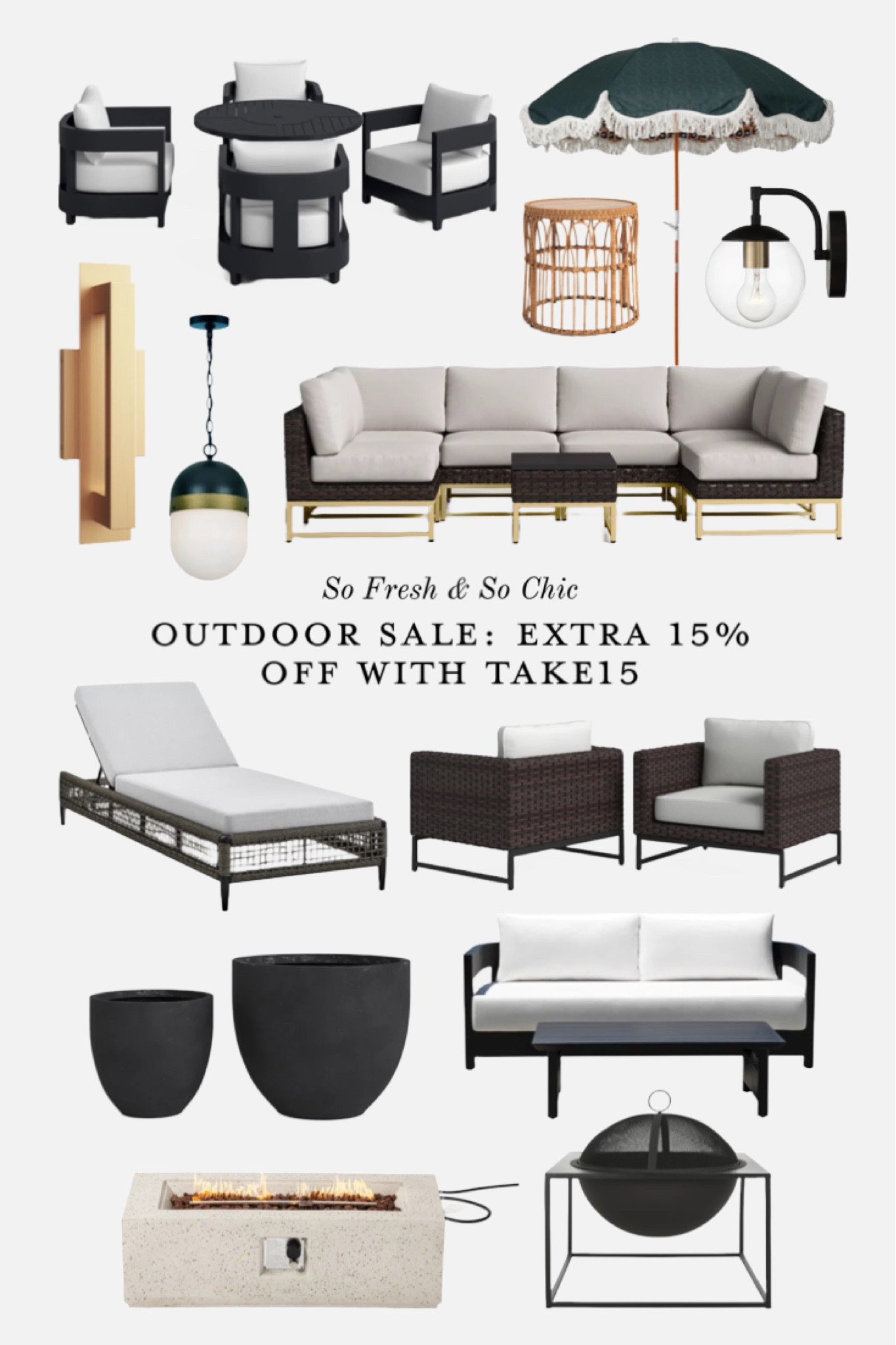 Amazing outdoor furniture and outdoor decor sale! Take extra 15% off with code TAKE15.
-
Minimalist outdoor furniture - outdoor dining - teak dining table - woven wicker dining chair - textured planter set - outdoor conversation set - outdoor sofa set with coffee table - large rectangle fire table - square metal fire pit - rattan side table outdoor - outdoor umbrella with fringe - outdoor brass lighting - outdoor wall sconce with glass globe - outdoor pendant lighting - outdoor chaise lounge - outdoor armchair set of 2 - outdoor sale - joss and main 

#LTKsalealert #LTKunder100 #LTKhome
