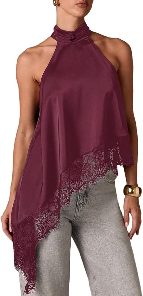 Milumia Women's Y2k Halter Mock Neck Sleeveless Top Lace Asymmetrical Hem Going Out Tank Tops | Amazon (US)