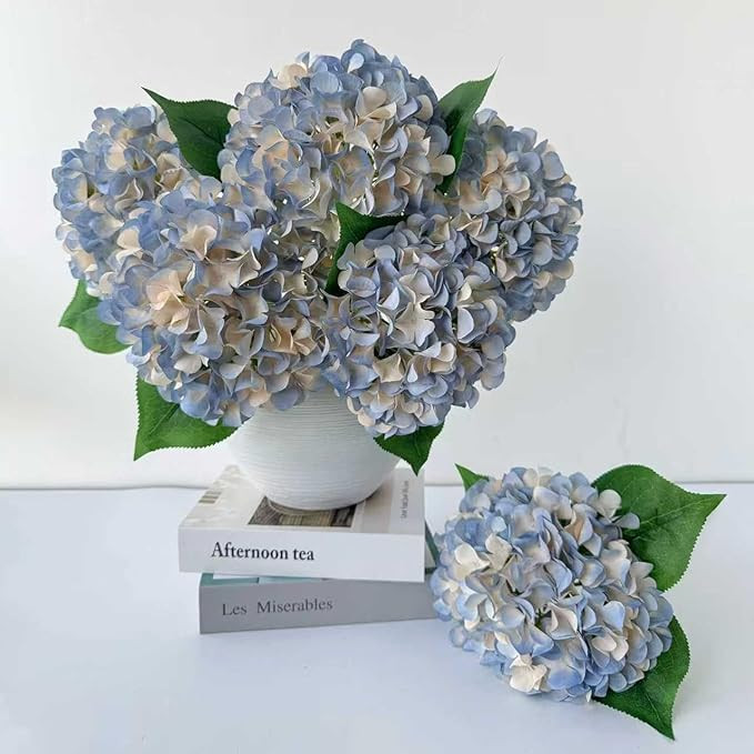 5 Pcs Dusty Blue Silk Hydrangeas Artificial Flower Boho Dried Touch 20'' Faux Hydrangeas for Indo... | Amazon (US)