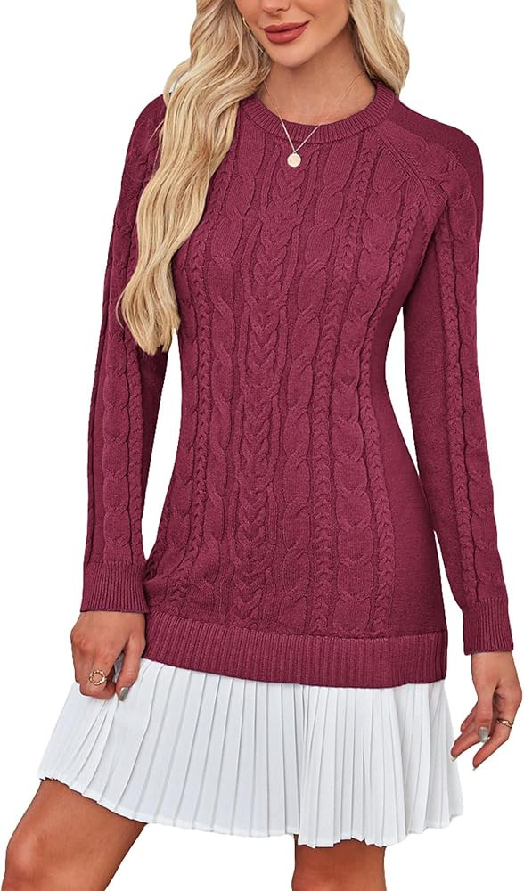 Angashion Women's Cable Knit Sweater Dress: Crewneck Long Sleeve Fall Winter Mini Sweater Dress | Amazon (US)