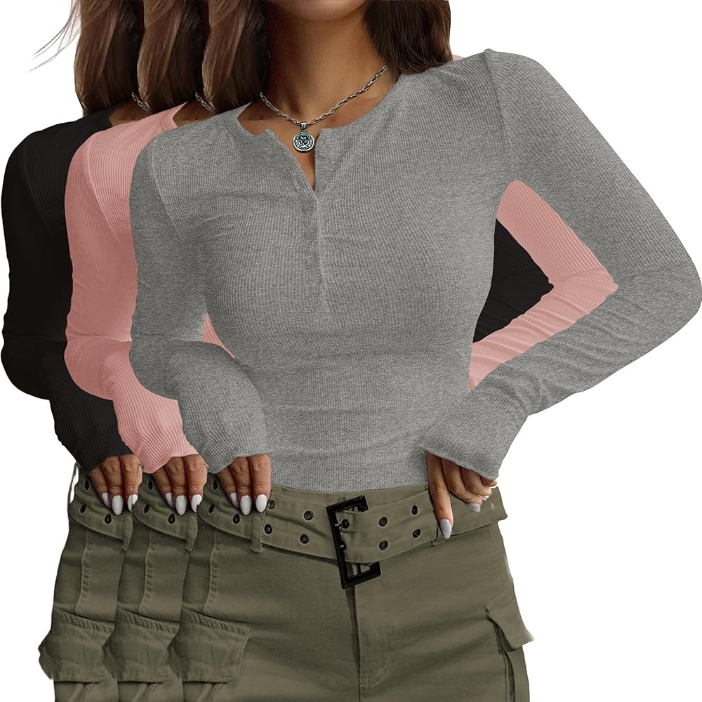 Ekouaer Women's Long Sleeve Shirts 3 Packs Henley Button Down Tops Ribbed Slim Fit Base Layer Sof... | Amazon (US)