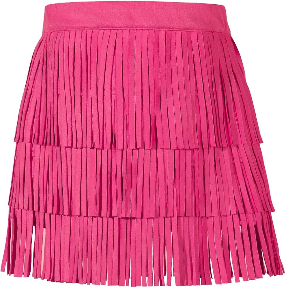 Girls and Women Suede Fringe Skirt Boho Tassel Layered Ruffle Skirt | Amazon (US)