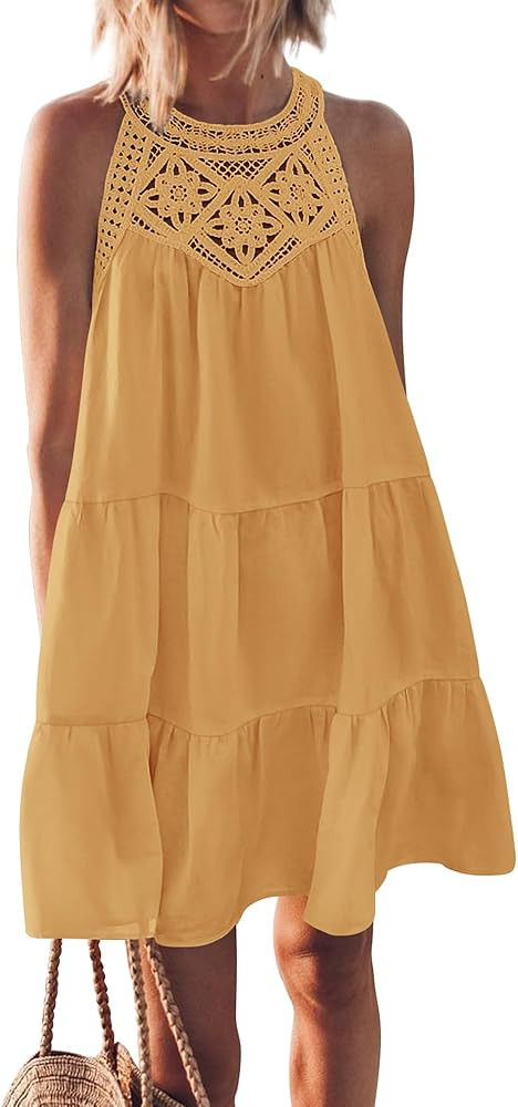 BTFBM Women Summer Halter Dresses Casual Spring 2025 Sleeveless A-Line Tiered Swing Mini Dress Be... | Amazon (US)