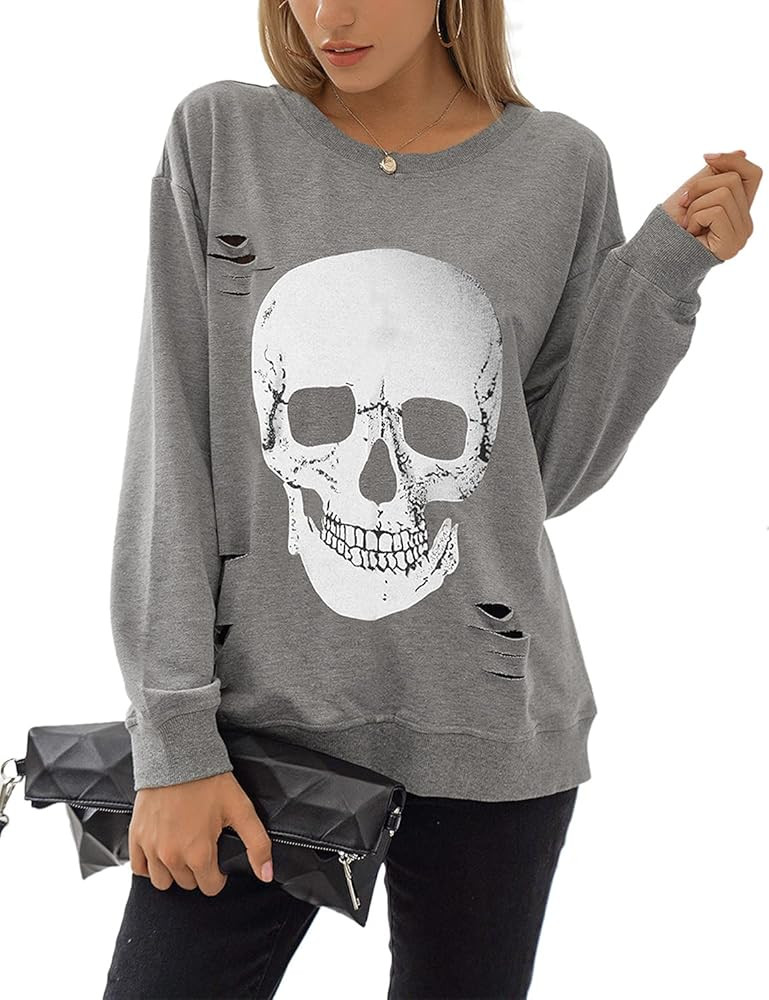 Blooming Jelly Women's Crewneck Sweatshirt Skull Graphic T Shirts Long Sleeve Top Pullover Oversi... | Amazon (US)