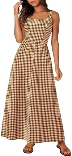 PRETTYGARDEN Women's 2025 Summer Spaghetti Strap Maxi Dresses Plaid Square Neck A Line Casual Bea... | Amazon (US)