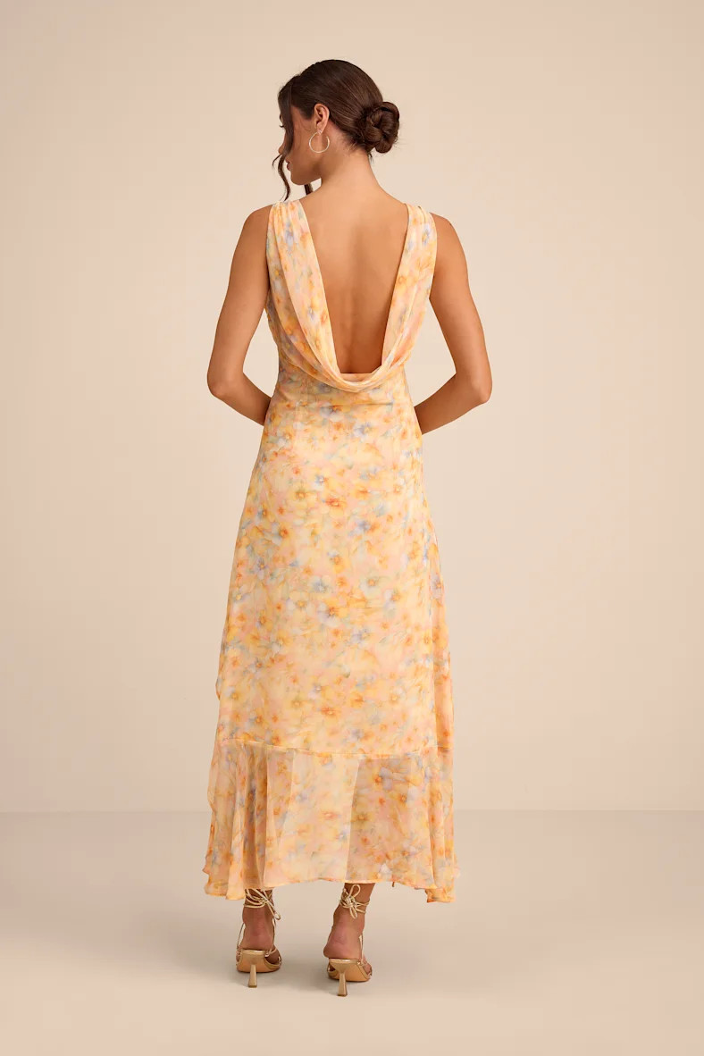 Laraline Peach Multi Floral Ruffled Cowl Back Maxi Dress | Lulus