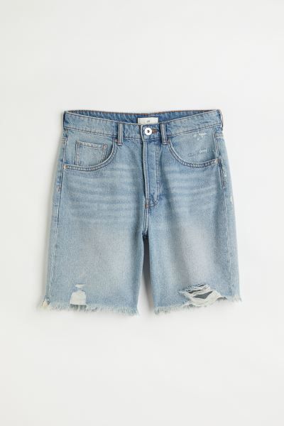 Relaxed-fit, 5-pocket shorts in thick cotton denim with distressed details. Regular waist, button... | H&M (US + CA)