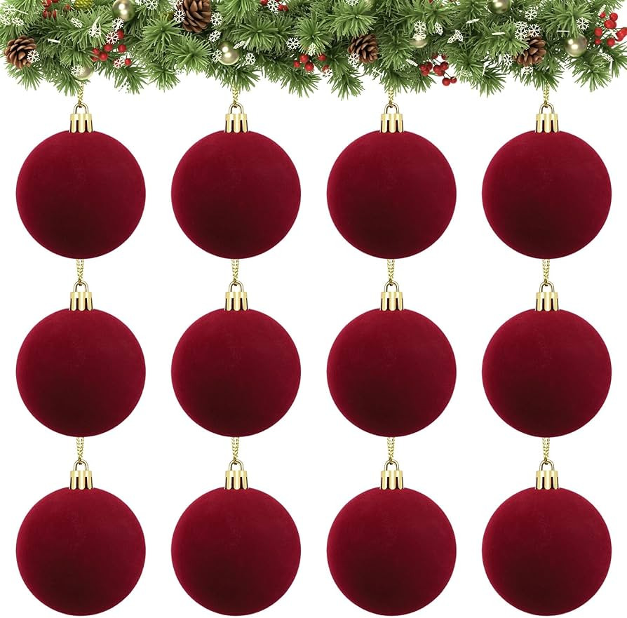 Velvet Ball Ornaments Christmas Balls Burgundy Red 12 PCS 2.36-Inch Xmas Tree Ball Ornaments for ... | Amazon (US)