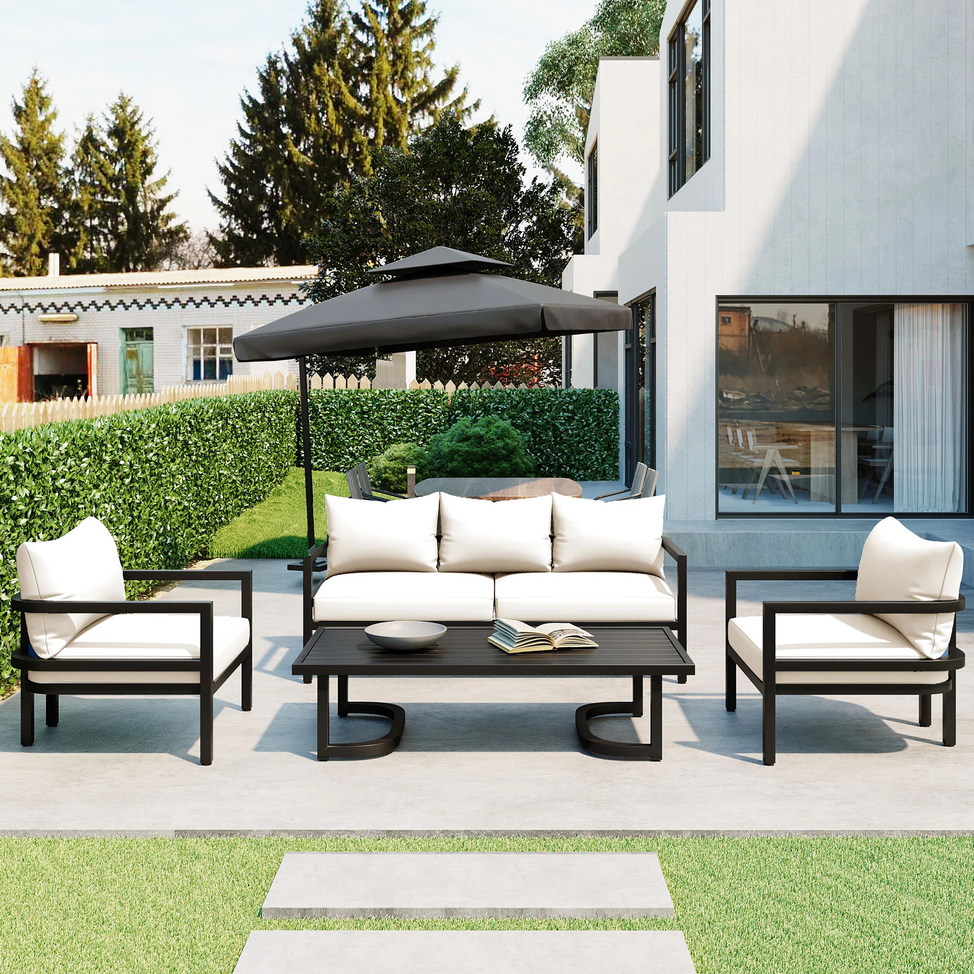 Ebern Designs Contemporary Multi-Person Outdoor Steel Sofa Set with Cushions | Wayfair | Wayfair North America