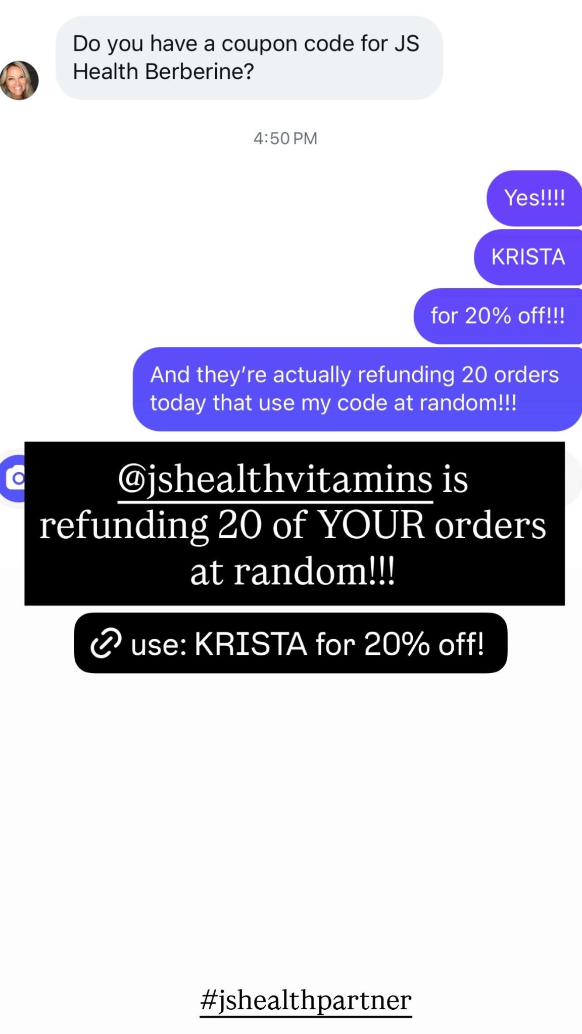@jshealthvitamins is refunding 20 of YOUR orders at random!!! #jshealthpartner