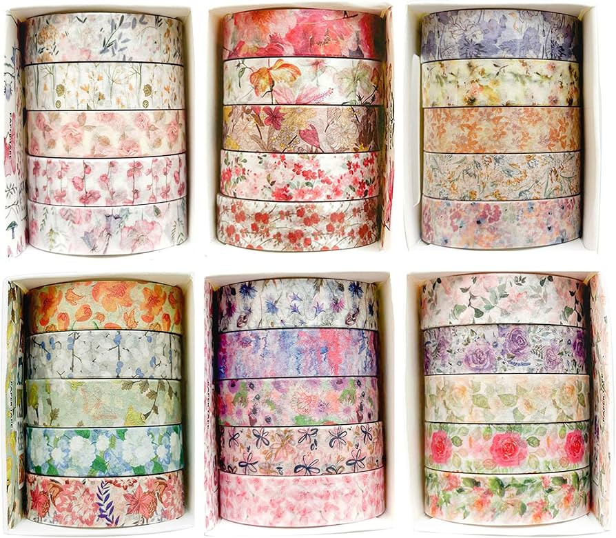 YUBX Flowers Washi Tape Set 30 Rolls Floral Patterns Decorative Skinny Slim Masking Tapes for Art... | Amazon (US)