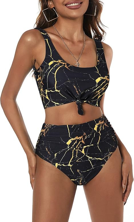 ZAFUL Women's High Waisted Bikini Scoop Neck Swimsuit Two Pieces Bathing Suit | Amazon (US)
