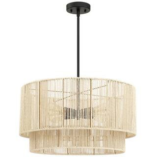 22 in. 4-Light Rattan Tiered Drum Pendant Chandelier Light with Black Canopy | The Home Depot