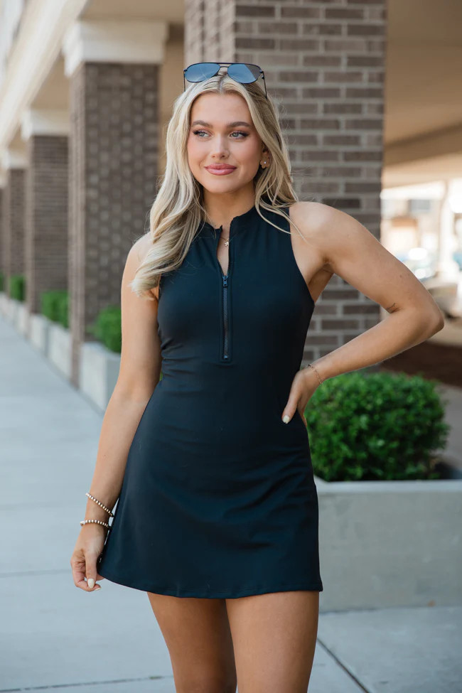 Win Win Black Quarter Zip Active Dress | Pink Lily