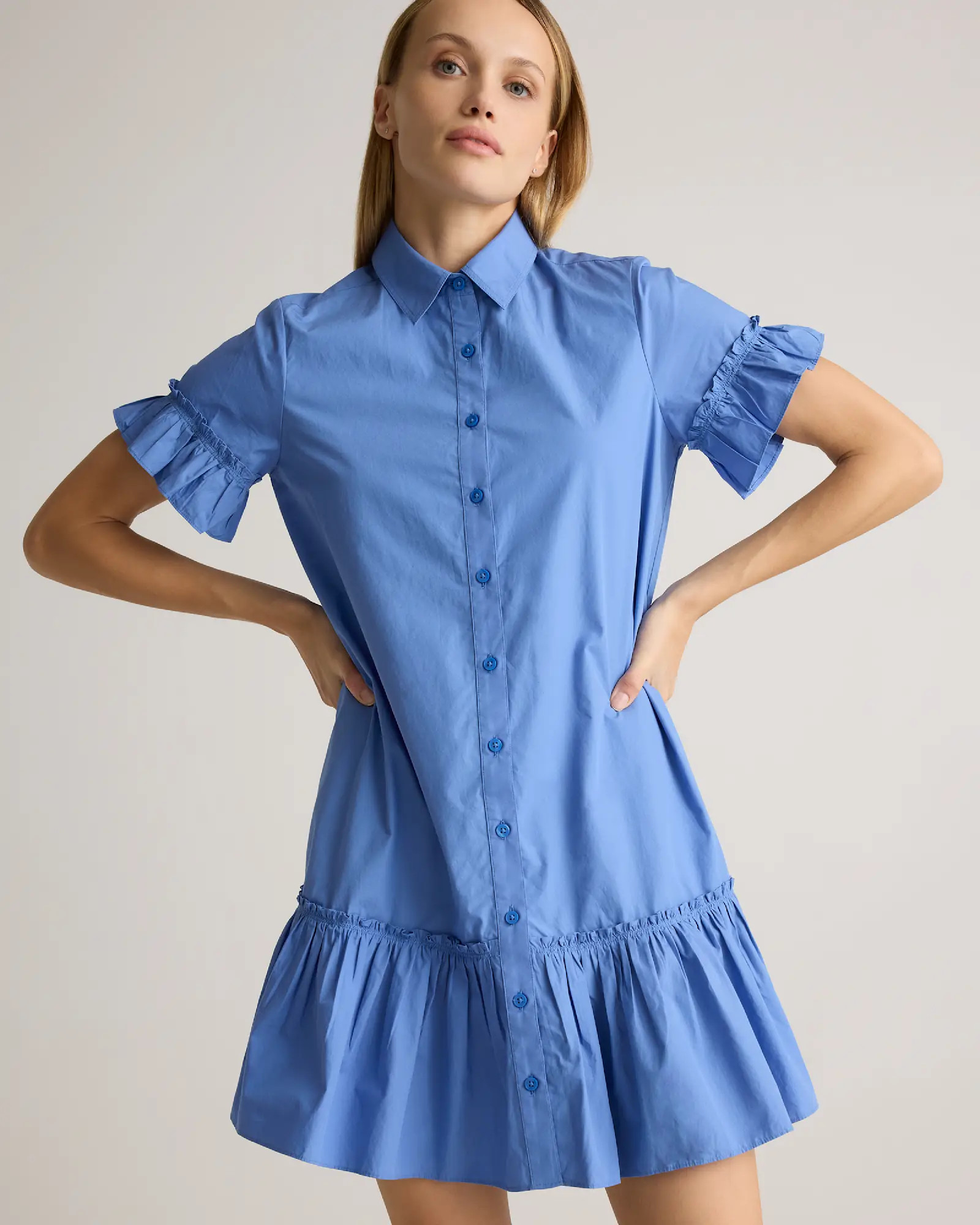 100% Organic Cotton Poplin Short Sleeve Ruffle Shirt Dress | Quince