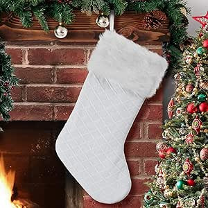 EDLDECCO 20.5 Inches Christmas Stocking White with Faux Fur Border Trim Handicraft Xmas Tree Deco... | Amazon (US)