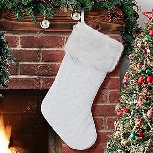 EDLDECCO 20.5 Inches Christmas Stocking White with Faux Fur Border Trim Handicraft Xmas Tree Deco... | Amazon (US)