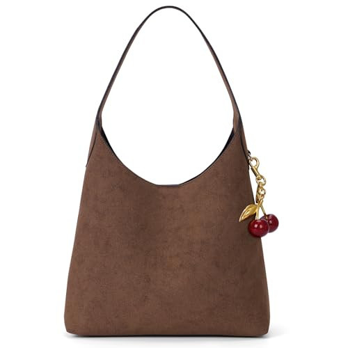Faux Suede Hobo Bags Vegan Leather Shoulder Bag Tote for Women with Cherry Charm Slouchy Designer Handbag Purse Fall Fashion | Amazon (US)