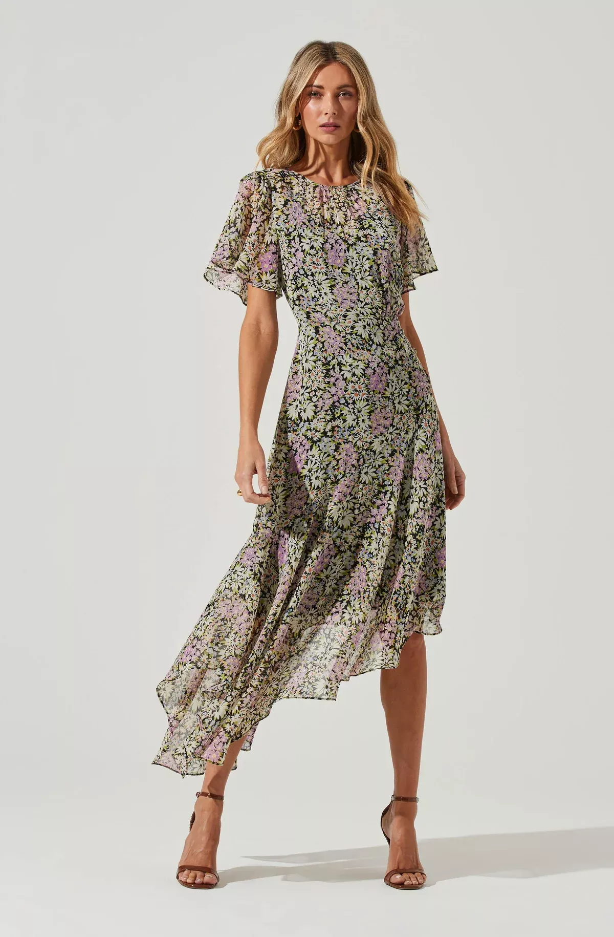 Floral Short Sleeve Asymmetrical Hem Midi Dress