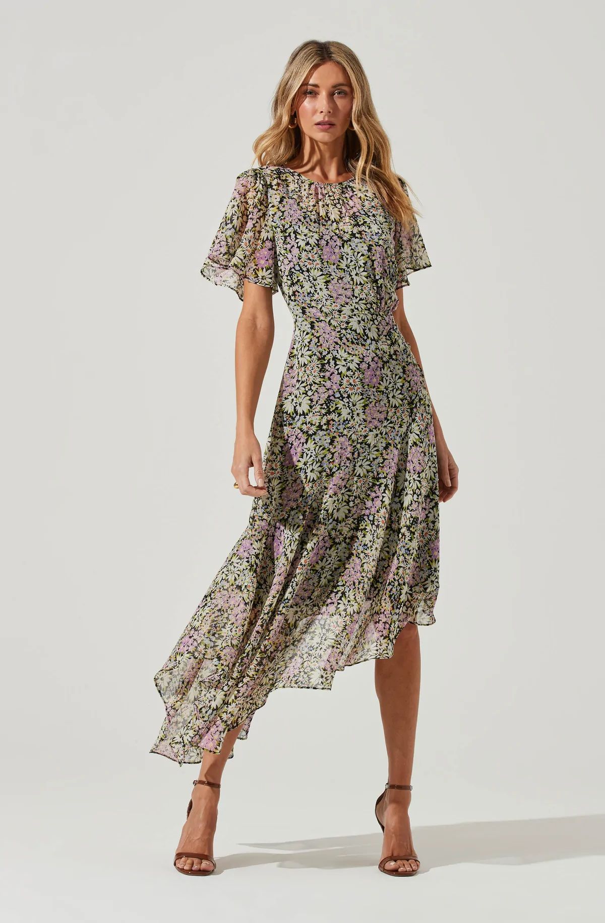 Flutter Sleeve Asymmetrical Floral Maxi Dress | ASTR The Label (US)