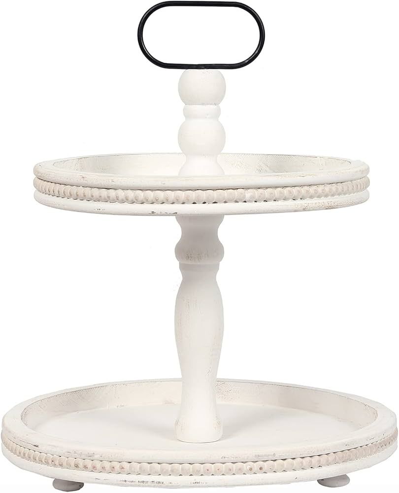 Carah&Cossh Distressed White Wood Tray with Metal Handle, Two Tier Stand with Beads，Farmhouse 2... | Amazon (US)