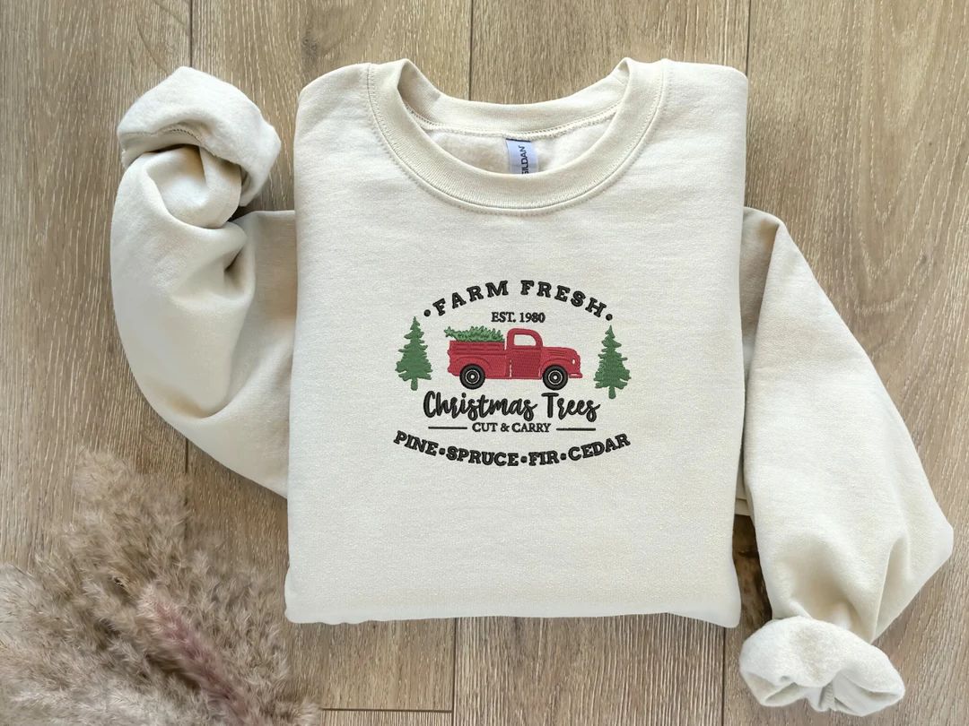 Christmas Farm Fresh Truck Embroidered Sweatshirt Christmas - Etsy | Etsy (US)