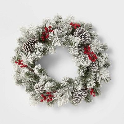 24" Flocked Glittered Pine Artificial Christmas Wreath with Pinecones and Red Berries - Wondersho... | Target