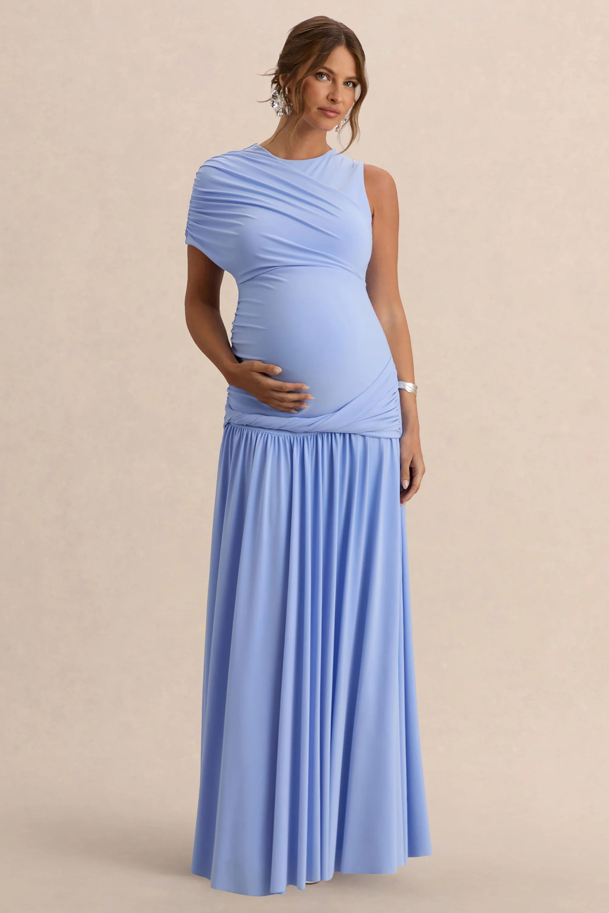 Naida | Light Blue Round-Neck Maternity Maxi Dress With Draped Detaili | Club L London
