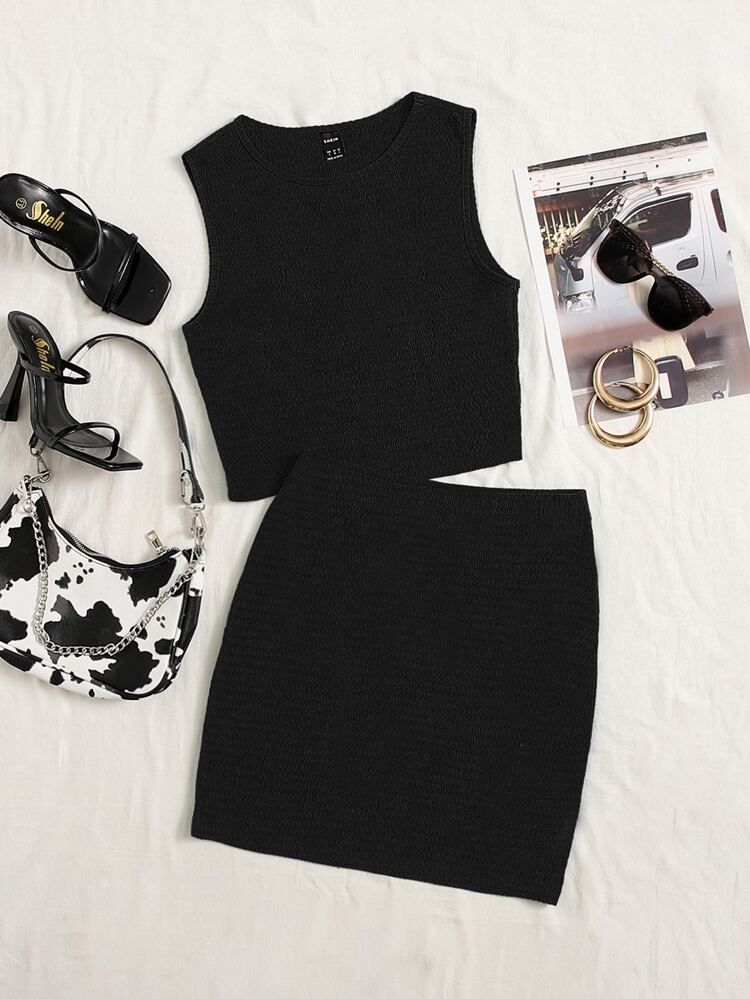 SHEIN EZwear Solid Textured Crop Top & Skirt Set | SHEIN