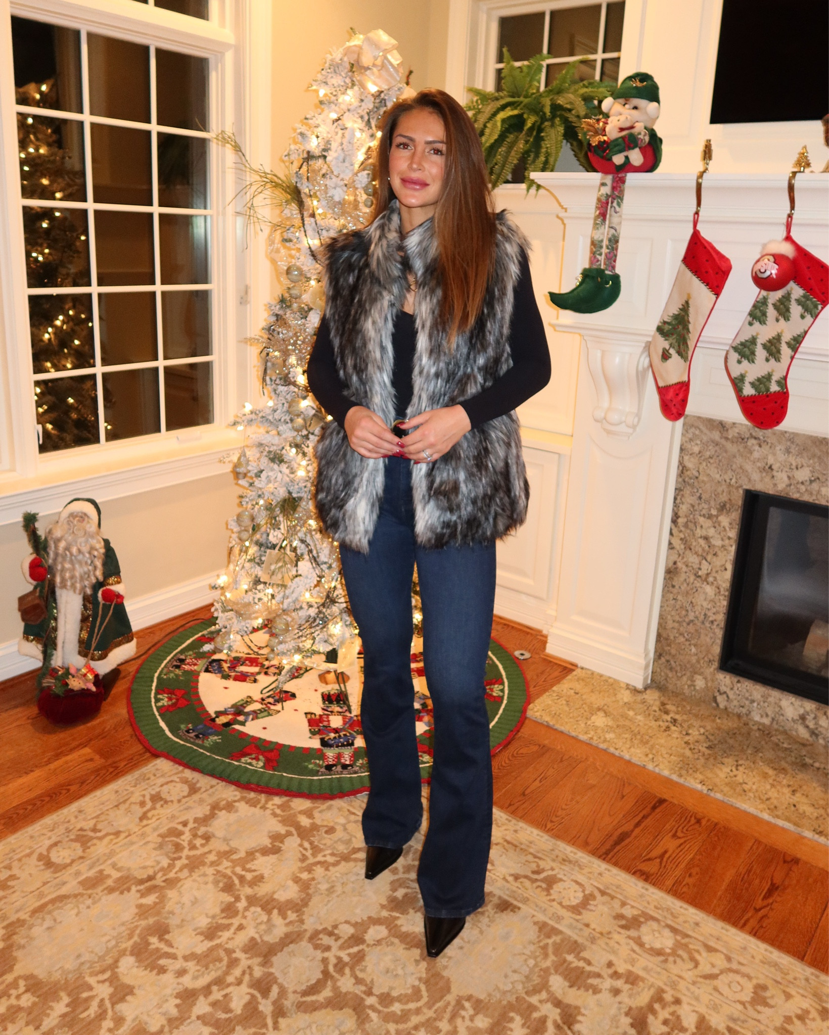 Easiest holiday party outfit ever. Throw on a simple body suit with a vest and a good belt. Comfortable and cute. This vest is so high quality and comfortable so I got it in another color too (this color is white fox). I can’t live without this commando, one-size-fits-all body suit, it feels like butter. I wish my shoes were shown more than this. Maybe one of my favorite purchases of the season. Wearing a size 8.5 in the black booties 

#LTKHoliday 

#LTKGiftGuide #LTKSeasonal