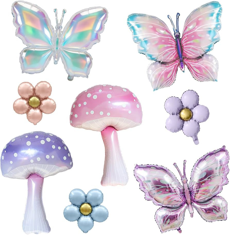 8pc Fairy Birthday Balloons, Pink and Purple Mushroom Balloons and Butterfly Balloons, suitable f... | Amazon (US)