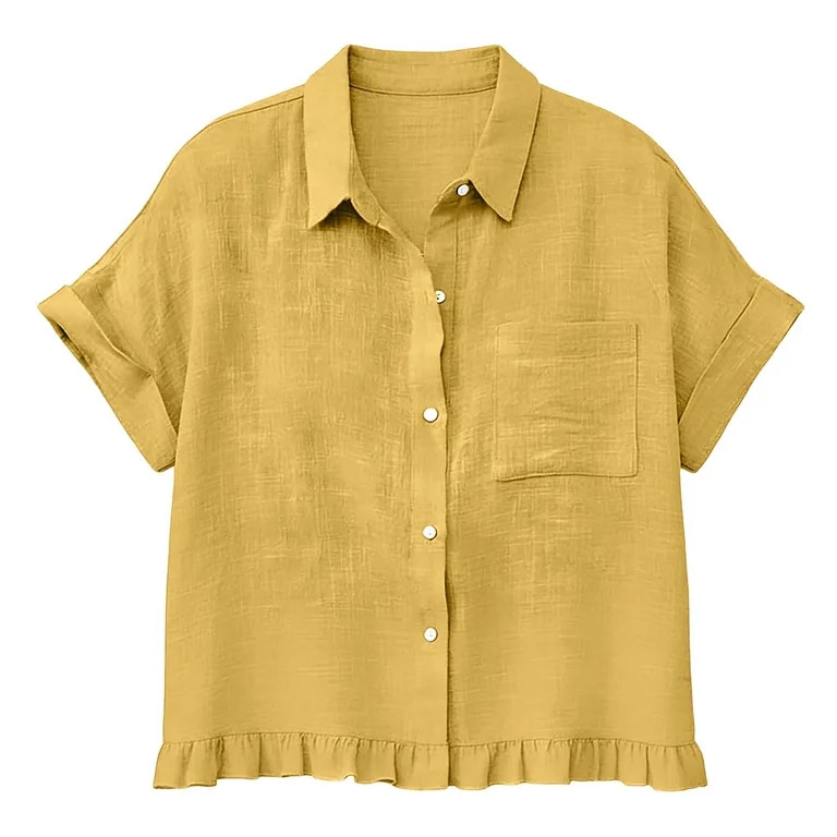 Ladies Tops and Blouses Fashion Spring Clothing Fabric Solid Color Front Pocket Hem Fringe Short ... | Walmart (US)