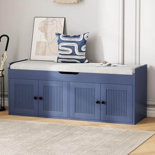 HOTAMO 47.2" Storage Bench - Entryway Shoe Bench with 4 Doors and Top Storage Area, Multifunctional Entryway Bench with Lift Top Cushion, Shoe Storage Bench for Bedroom, Living Room, Blue | Amazon (US)