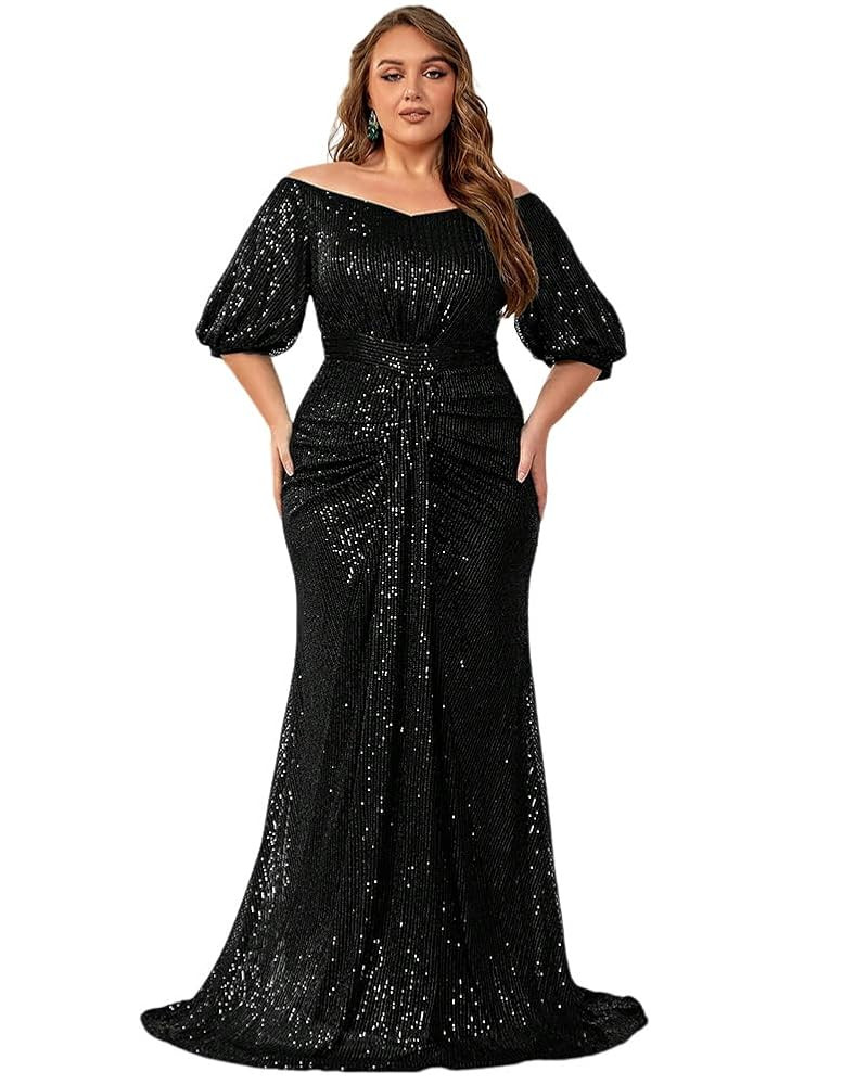 Women's Plus Size Off Shoulder Puff Sleeve Sequin Formal Maxi Dress Evening Party Gowns | Amazon (US)