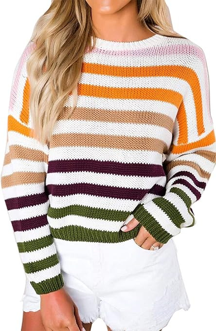 ZESICA Women's Long Sleeve Crew Neck Striped Color Block Casual Loose Knitted Pullover Sweater To... | Amazon (US)