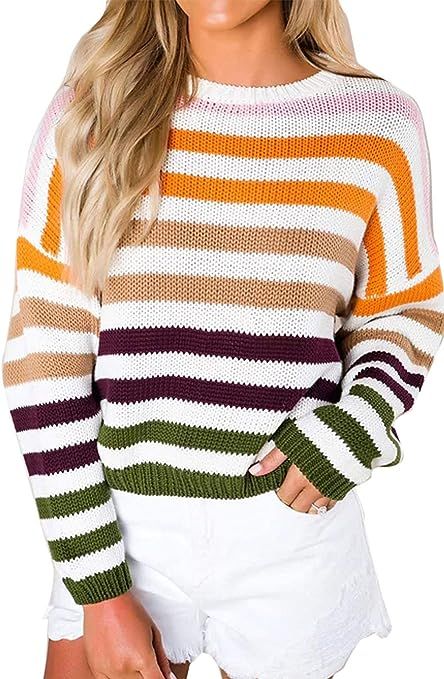 ZESICA Women's Long Sleeve Crew Neck Striped Color Block Casual Loose Knitted Pullover Sweater To... | Amazon (US)