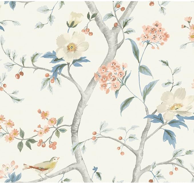 Lillian August Southport Floral Trail Unpasted Wallpaper (Eggshell, Melon, and Carolina Blue) | Amazon (US)