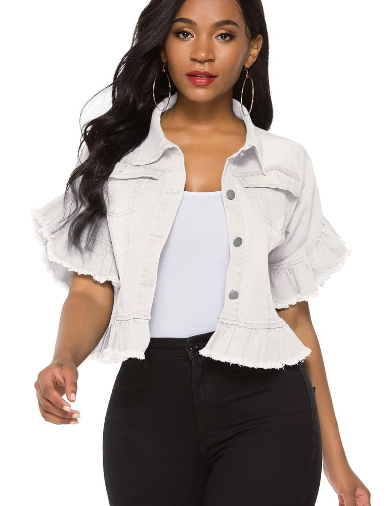 Suvimuga Women's Denim Jacket Button Down Distressed Ruffle Sleeve Crop Jean Jackets Coat | Amazon (US)