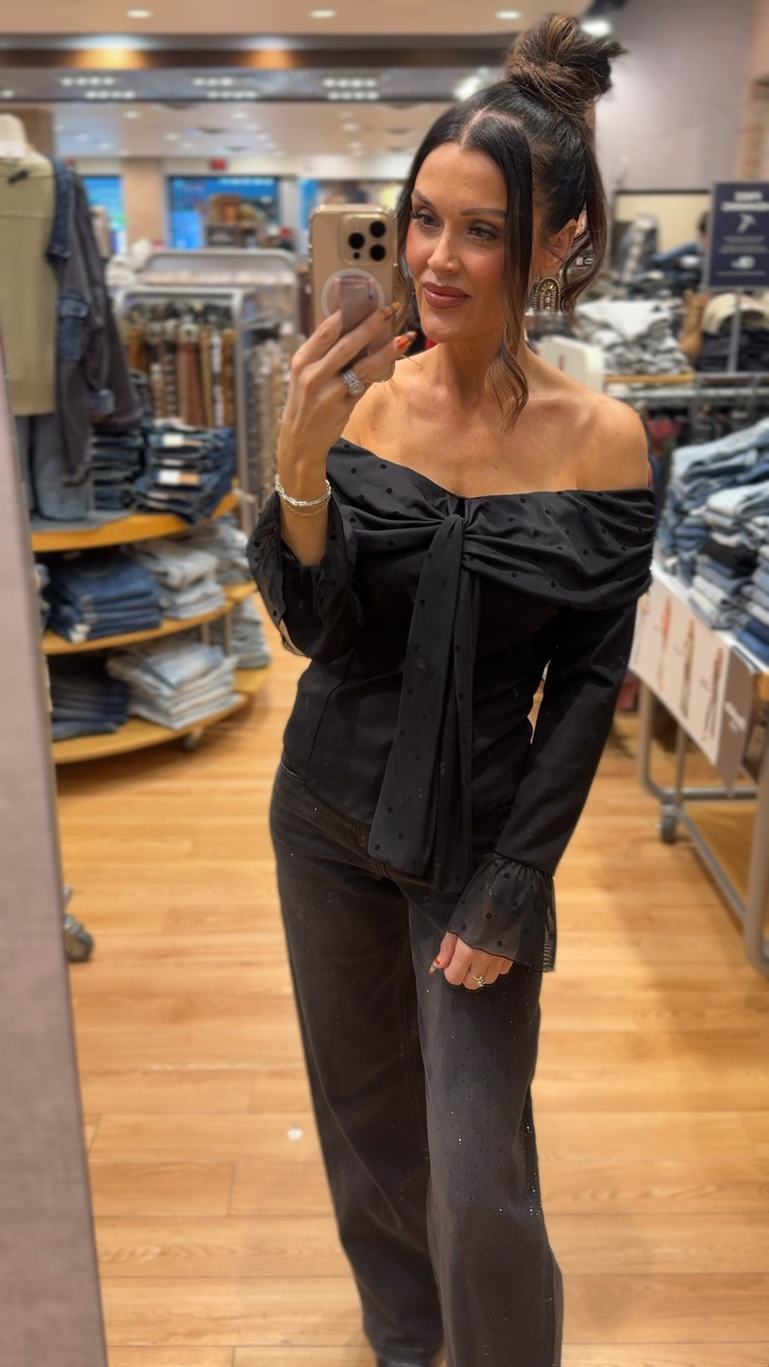 The most stunning black outfit!
All pieces are from the buckle 
Off the shoulder, polkadot black shirt 
Wide leg, rhinestone, black stretchy jeans 
Black booties

#LTKootd #LTKFindsUnder100 #LTKHoliday