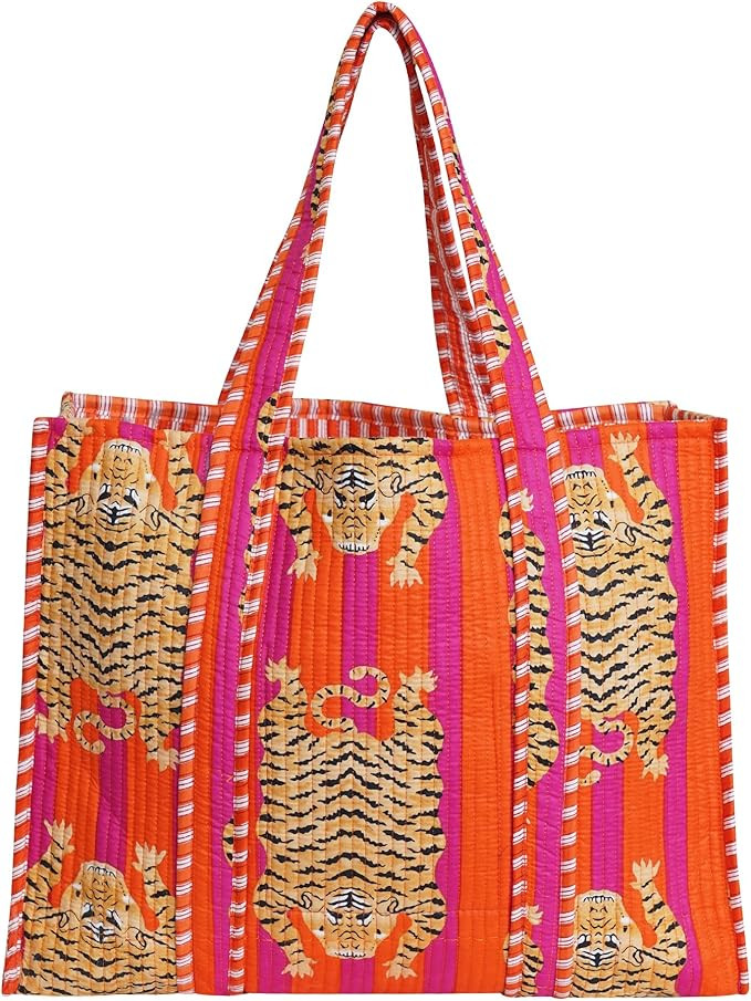 Cotton Tiger Block Print Tote Bag, Handmade Indian Shopping Shoulder Bag, Unisex Market Daily Use | Amazon (US)