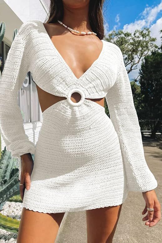LILLUSORY Swim Cover Up for Women 2023 Summer Swimsuit Coverup Sexy Beach Crochet Dress | Amazon (US)